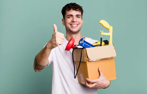 Adult Man Feeling Proud Smiling Positively Thumbs Toolbox Housekeeper Concept — Stock Photo, Image