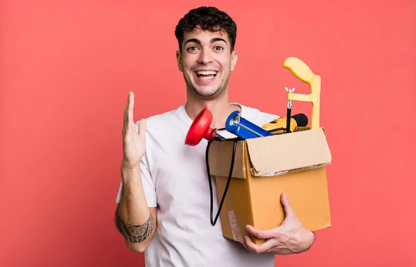 Adult Man Feeling Happy Astonished Something Unbelievable Toolbox Housekeeper Concept — Stock Photo, Image
