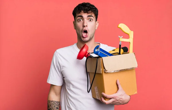Adult Man Looking Very Shocked Surprised Toolbox Housekeeper Concept — Stock Photo, Image