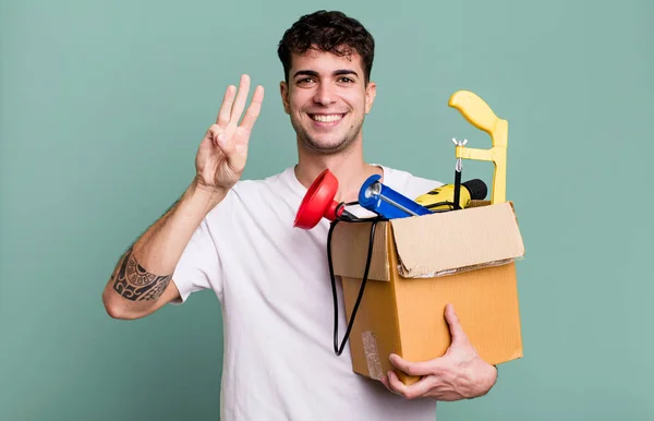 Adult Man Smiling Looking Friendly Showing Number Three Toolbox Housekeeper — Stock Photo, Image