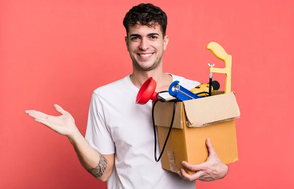 Adult Man Smiling Cheerfully Feeling Happy Showing Concept Toolbox Housekeeper — Stock Photo, Image