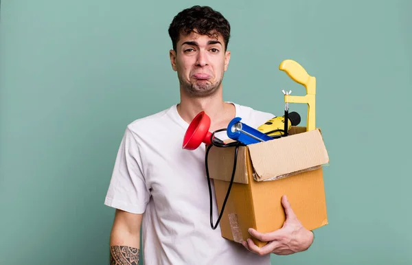 Adult Man Feeling Sad Whiney Unhappy Look Crying Toolbox Housekeeper — Stock Photo, Image