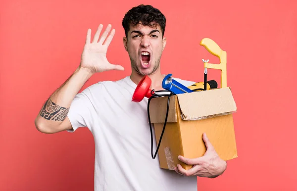 Adult Man Screaming Hands Air Toolbox Housekeeper Concept — Stock Photo, Image