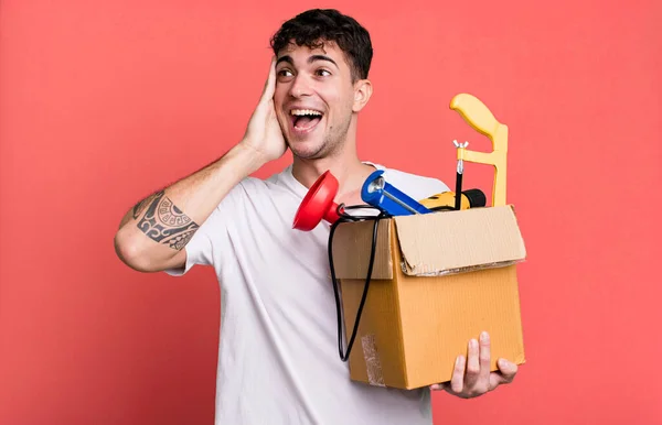Adult Man Feeling Happy Excited Surprised Toolbox Housekeeper Concept — Stock Photo, Image