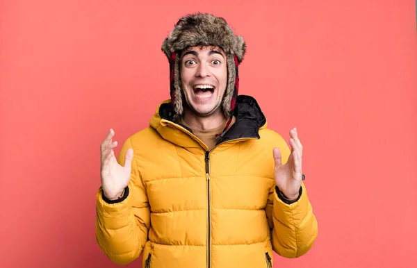 Adult Man Feeling Happy Astonished Something Unbelievable Wearing Anorak Winter — Stock Photo, Image