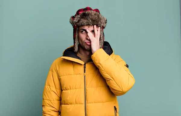 Adult Man Feeling Bored Frustrated Sleepy Tiresome Wearing Anorak Winter — Stock Photo, Image
