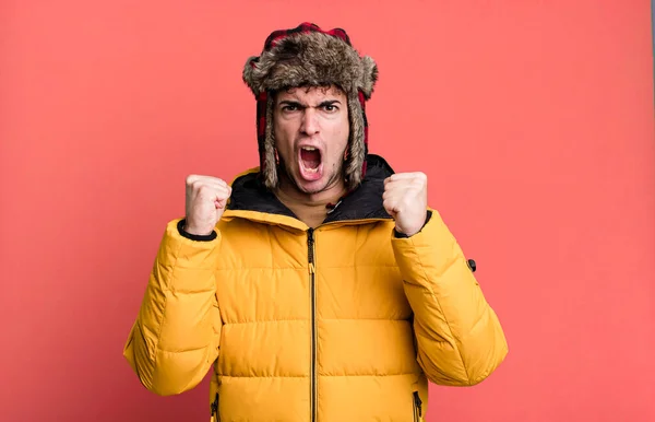 Adult Man Shouting Aggressively Angry Expression Wearing Anorak Winter Cold — Stock Photo, Image
