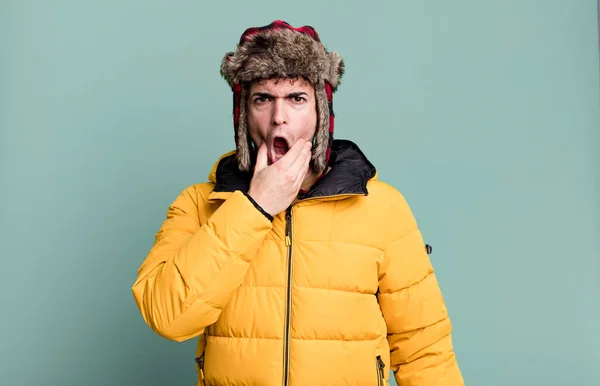 Adult Man Mouth Eyes Wide Open Hand Chin Wearing Anorak — Stock Photo, Image