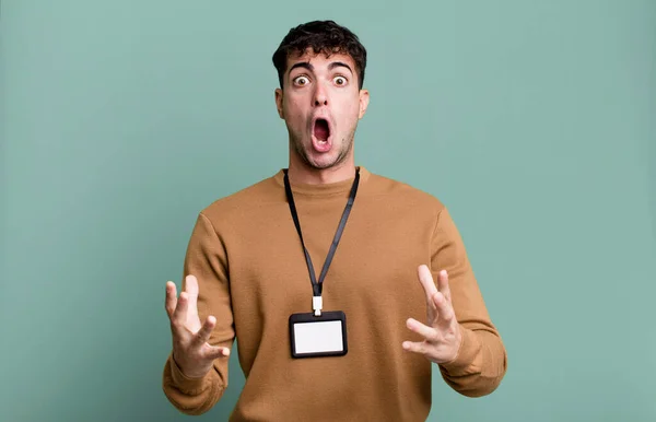 Adult Man Feeling Extremely Shocked Surprised Acccess Identity Card — Stock Photo, Image