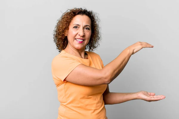 Middle Age Hispanic Woman Smiling Feeling Happy Positive Satisfied Holding — Stock Photo, Image