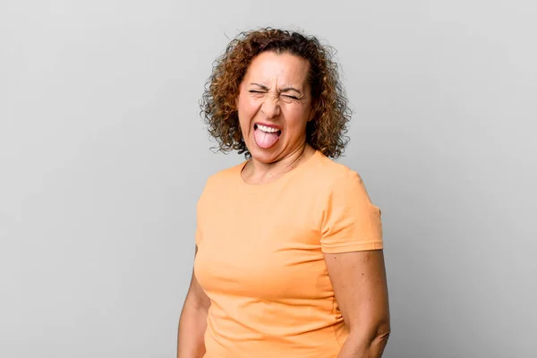 Middle Age Hispanic Woman Cheerful Carefree Rebellious Attitude Joking Sticking — Stock Photo, Image