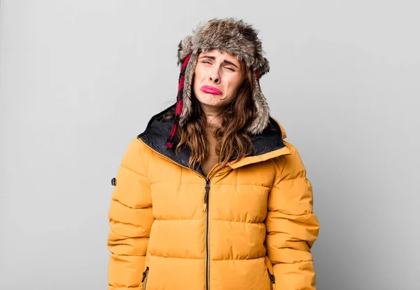 Hispanic Pretty Woman Feeling Sad Whiney Unhappy Look Crying Wearing — Stock Photo, Image