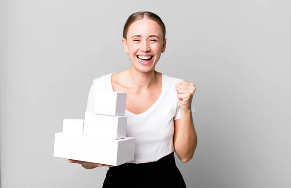 Caucasian Pretty Woman Feeling Shocked Laughing Celebrating Success White Boxes — Foto de Stock