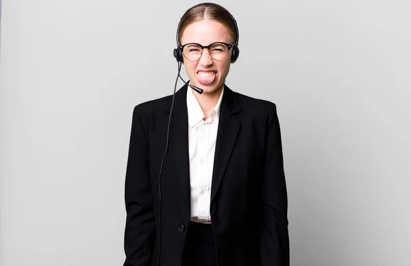 Caucasian Pretty Woman Feeling Disgusted Irritated Tongue Out Telemarketing Concept — Stock Photo, Image