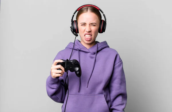 Caucasian Pretty Woman Feeling Disgusted Irritated Tongue Out Gamer Concept — Foto Stock