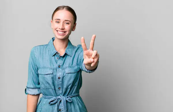 Caucasian Pretty Woman Smiling Looking Happy Gesturing Victory Peace — Foto Stock