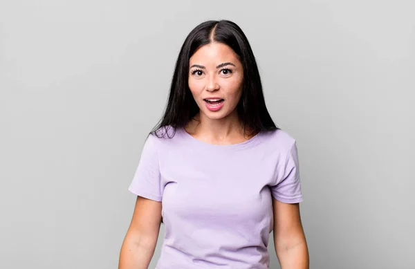 Pretty Latin Woman Looking Very Shocked Surprised Staring Open Mouth — Foto Stock