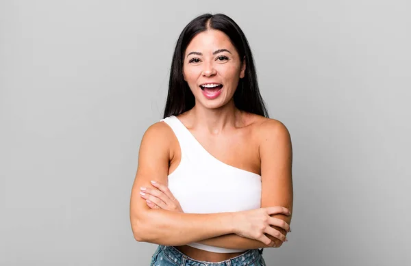 Pretty Latin Woman Looking Happy Proud Satisfied Achiever Smiling Arms — Foto Stock