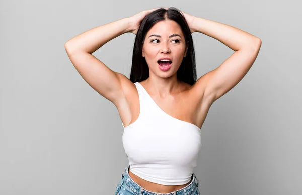 Pretty Latin Woman Open Mouth Looking Horrified Shocked Because Terrible — Foto Stock