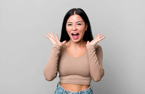 Pretty Latin Woman Feeling Shocked Excited Laughing Amazed Happy Because — Foto Stock