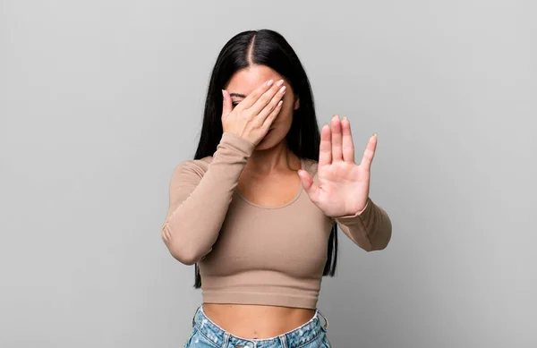 Pretty Latin Woman Covering Face Hand Putting Other Hand Front — Stock Photo, Image