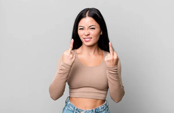 Pretty Latin Woman Feeling Provocative Aggressive Obscene Flipping Middle Finger — Foto Stock