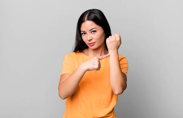 Pretty Latin Woman Looking Impatient Angry Pointing Watch Asking Punctuality — Foto Stock