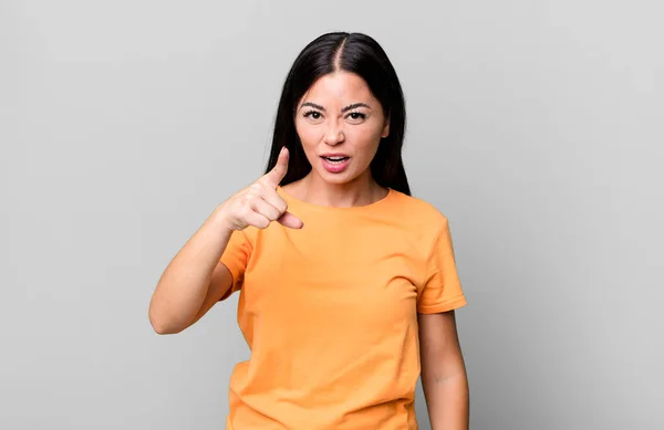 Pretty Latin Woman Pointing Camera Angry Aggressive Expression Looking Furious — Foto Stock