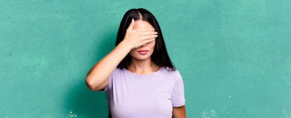Pretty Latin Woman Covering Eyes One Hand Feeling Scared Anxious — Stock Photo, Image