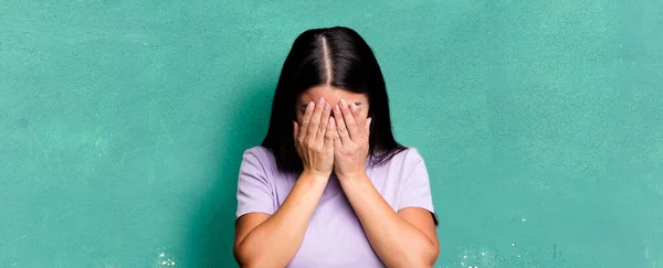 Pretty Latin Woman Feeling Sad Frustrated Nervous Depressed Covering Face — Stock Photo, Image