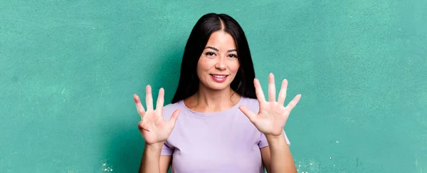 Pretty Latin Woman Smiling Looking Friendly Showing Number Nine Ninth — Foto Stock