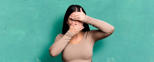 Pretty Latin Woman Covering Face Both Hands Saying Camera Refusing — Stock Photo, Image