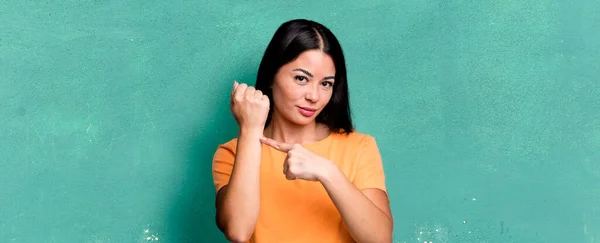 Pretty Latin Woman Looking Impatient Angry Pointing Watch Asking Punctuality — Stockfoto