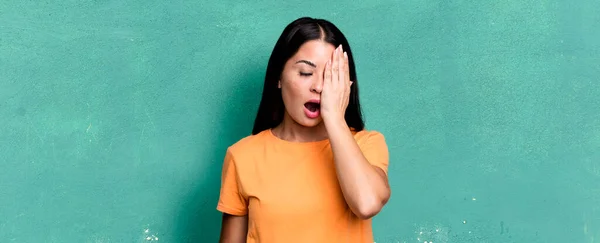 Pretty Latin Woman Looking Sleepy Bored Yawning Headache One Hand — Foto Stock
