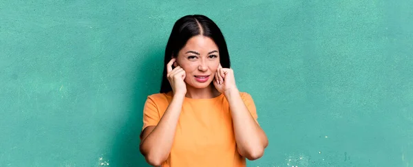 Pretty Latin Woman Looking Angry Stressed Annoyed Covering Both Ears — Foto Stock
