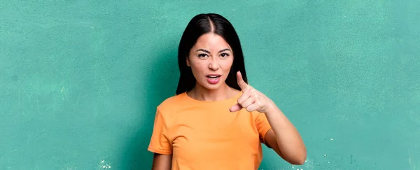 Pretty Latin Woman Pointing Camera Angry Aggressive Expression Looking Furious — Stock Photo, Image