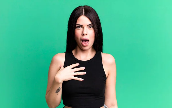 Young Adult Pretty Woman Feeling Shocked Astonished Surprised Hand Chest — Stockfoto