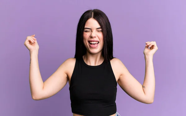 Young Adult Pretty Woman Looking Extremely Happy Surprised Celebrating Success — Stockfoto