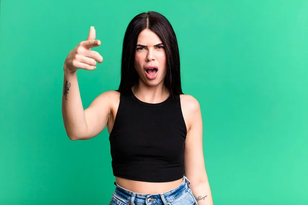 Young Adult Pretty Woman Pointing Camera Angry Aggressive Expression Looking — Stockfoto