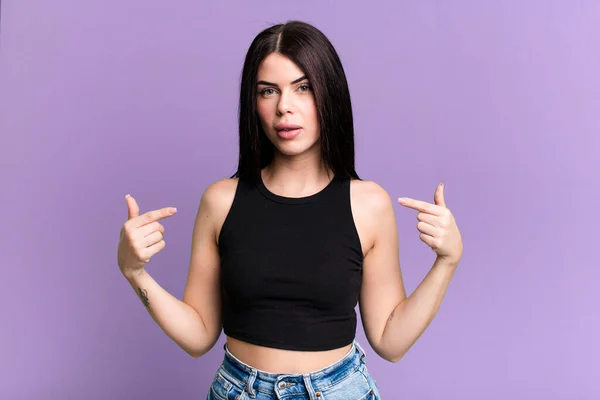 Young Adult Pretty Woman Looking Proud Positive Casual Pointing Chest — Stockfoto