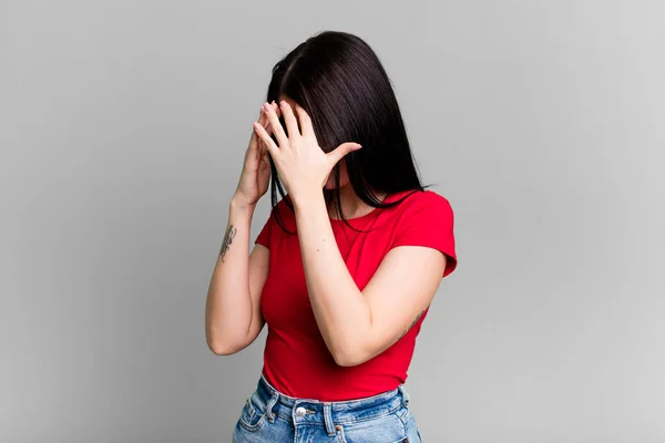 Young Adult Pretty Woman Covering Eyes Hands Sad Frustrated Look — Photo