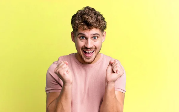 Young Adult Caucasian Man Feeling Shocked Excited Happy Laughing Celebrating — 스톡 사진