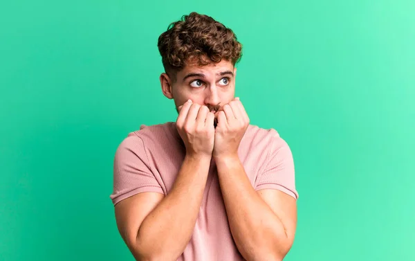 Young Adult Caucasian Man Looking Worried Anxious Stressed Afraid Biting — Fotografia de Stock