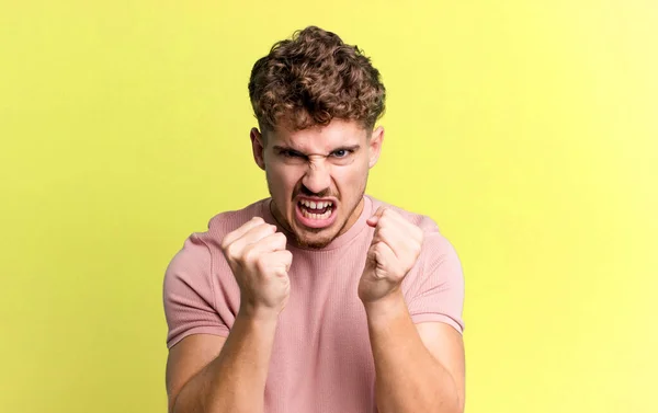 Young Adult Caucasian Man Shouting Aggressively Annoyed Frustrated Angry Look — Stockfoto