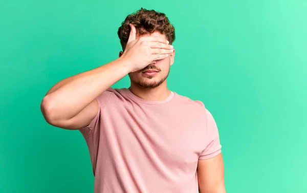 Young Adult Caucasian Man Covering Eyes One Hand Feeling Scared —  Fotos de Stock