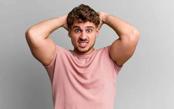 Young Adult Caucasian Man Feeling Stressed Worried Anxious Scared Hands — Stockfoto