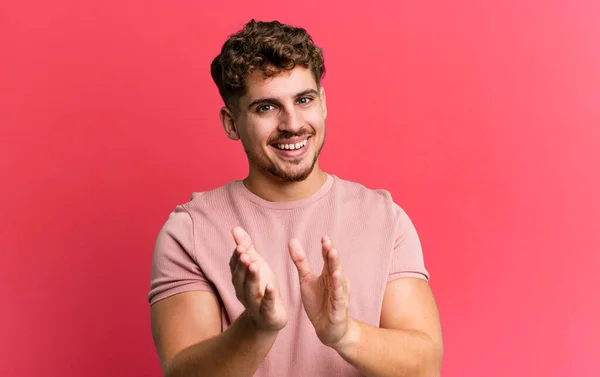 Young Adult Caucasian Man Feeling Happy Successful Smiling Clapping Hands — Photo