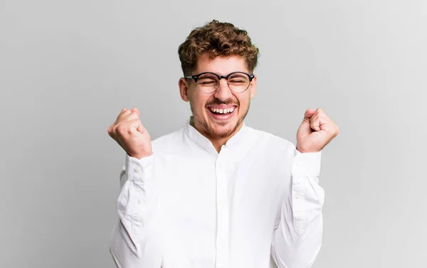 Young Adult Caucasian Man Looking Extremely Happy Surprised Celebrating Success — Stok fotoğraf