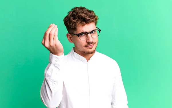 Young Adult Caucasian Man Making Capice Money Gesture Telling You — Stock Photo, Image