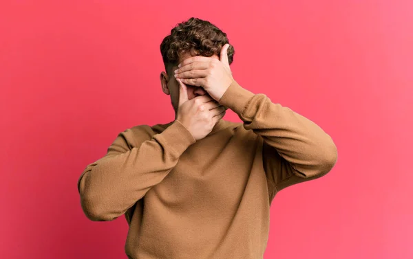 Young Adult Caucasian Man Covering Face Both Hands Saying Camera — Stock Photo, Image